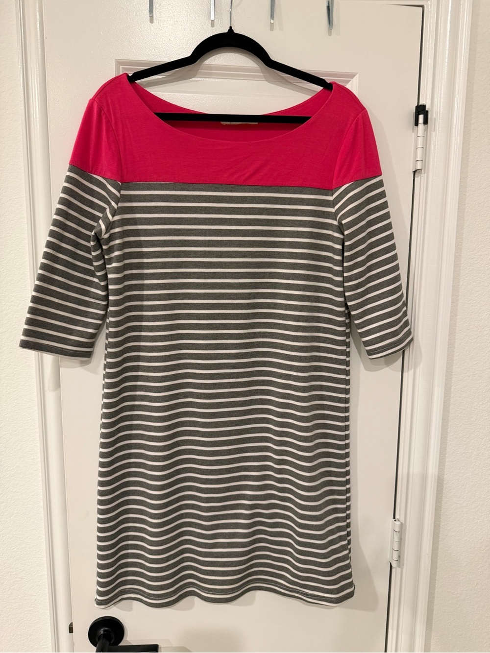 Pomelo Pink Yoke Gray & White Striped Boatneck Dress